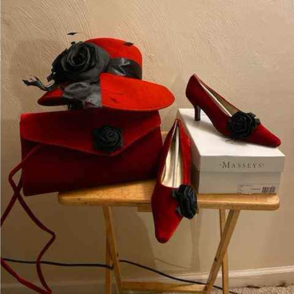 Red Velvet Hat, shoes and Clutch with black flower details, by Masseys, Size 8